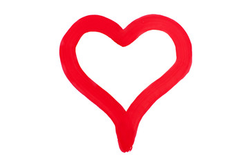 Painted red heart, white paper background, concept of a symbol of love