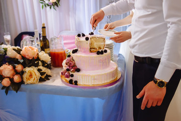 Fototapeta na wymiar The bride and groom's hands cut the wedding cake with flowers on the table