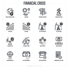 Fototapeta na wymiar Financial crisis after pandemic. Dollar inflation, deflation, oil price, walking on razor, emergency funds, unemployment, social benefit, humanitarian aid. Thin line icons set. Vector illustration.
