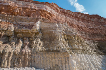 Working wall or board of industrial quarry. Geological cut contains layers of different kind of...