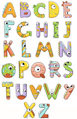 Cute monster dinosaur full colorful bright children alphabet abc isolated on white background letters green orange purple yellow pink