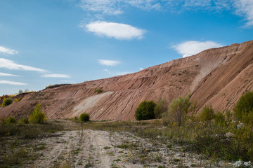 Melted walls of used industrial quarry. Quarry abandoned after earth resources (sandstone, clay & others) were exhausted. Imprints of human activity & earthworks are replacing by plants