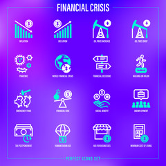 Financial crisis after pandemic.  Dollar inflation, deflation, oil price, walking on razor, emergency funds, unemployment, social benefit, humanitarian aid. Thin line icons set. Vector illustration.