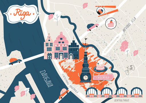 Riga Old Town Map Illustrated Map Of Riga, Latvia. Modern Hand-Drawn Stylized Map Of A Baltic  Country Capital. Old Riga Historical Town And Buildings. Daugava River And  Variety Of Popular Touristic Places. Trendy Map. Stock Vector |