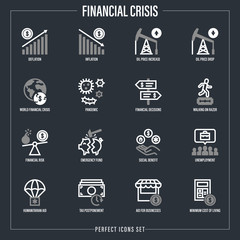 Financial crisis after pandemic.  Dollar inflation, deflation, oil price, walking on razor, emergency funds, unemployment, social benefit, humanitarian aid. Thin line icons set. Vector illustration.