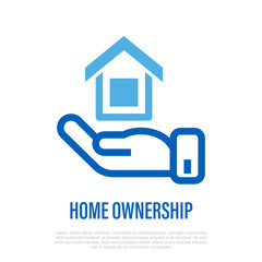 Home ownership: house in hand. Real estate, home insurance, mortgage. Thin line icon. Vector illustration.