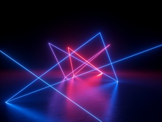 3d abstract neon light background, chaotic trajectory path glowing in ultraviolet spectrum, beam, violet blue red laser rays - obrazy, fototapety, plakaty