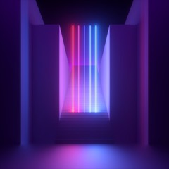 3d render, abstract modern minimal ultraviolet background, red blue neon light glowing vertical lines. Empty staircase perspective, architectural portal. Futuristic urban concept