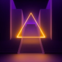 3d render, abstract modern minimal violet background, yellow neon light glowing triangle, blank triangular frame. Empty staircase perspective, architectural portal entrance. Futuristic urban concept