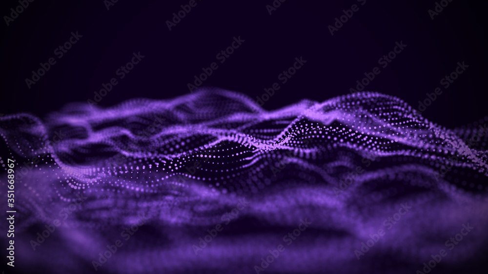 Fototapete Dynamic particles wave. Purple dots on black background. Digital landscape. 3d rendering. Big data visualization 3D. Futuristic backdrop for design, wallpaper.