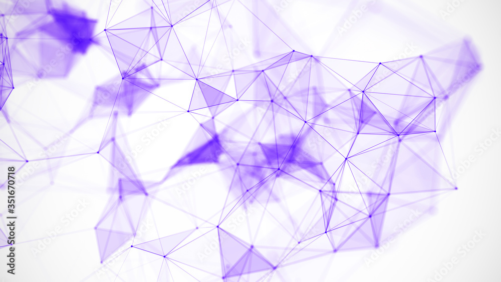 Poster Network connection structure.Low poly shape with connecting purple dots and lines on white background.3d rendering Big data visualization.