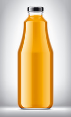 Glass Bottle with Orange Juice on background.