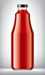 Glass Bottle with Tomatoes Juice on background.