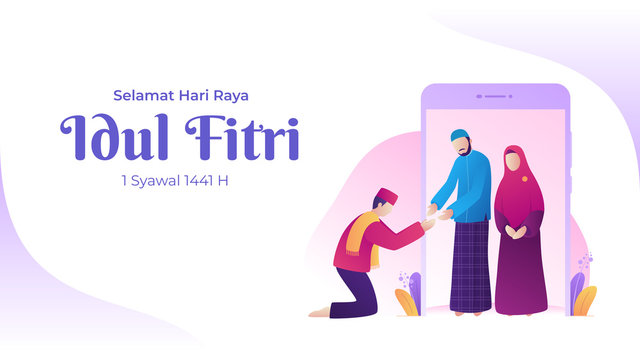 Muslim son shakes hands apologizing to parents for celebrating Eid al-fitr with landscape banner illustration