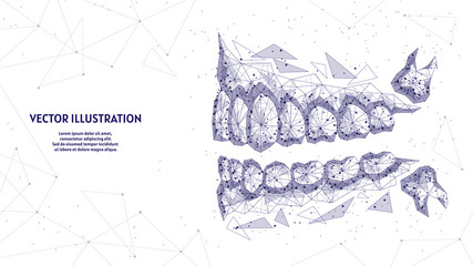 Healthy man jaw, mouth close-up view from the side. Correct bite, occlusion, molar. Concept of dentistry, orthodontics, dentist, wisdom tooth. 3d low poly wireframe vector illustration.