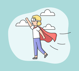 Virtual Reality Playing Games. Woman In Superhero Clothes Plays Real Time VR Game. Girl Imagines Herself By Superhero And Fly Among Stars In The Sky. Cartoon Linear Outline Flat Vector Illustration