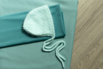 background texture fabric and Angora beanie Navy blue. props for photography of newborns