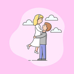 Marriage, Family Creating Concept. Just Married Husband And Wife In Wedding Dress Have Fun Together. Man Holding Woman In Arms. Couple In Love. Cartoon Linear Outline Flat Style. Vector Illustration