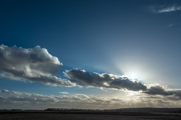 Cloudy and dramatic sky with green field and trees