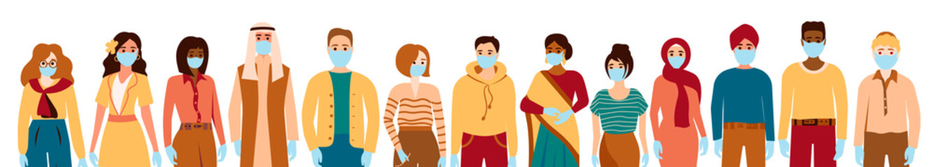 Multiracial men and women in protective masks and gloves. Diverse group of multiethnic people. Multicultural people wearing face mask during epidemic, quarantine. Vector illustration isolated on white