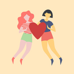 Two girls holding a heart together. Love between two girls. Same-sex interracial love. Love in the LGBT community.