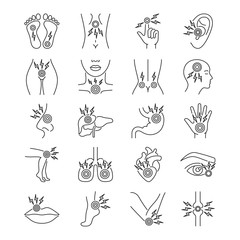 Acute body pain black line icons set. Sprain, injury, arthritis, inflammation. Isolated vector element. Outline pictograms for web page, mobile app, promo.