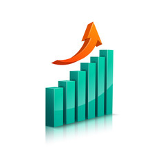 Growth chart in blue with an up arrow. Vector isolated illustration, 3D. Symbol of growth, development, increase in profit.