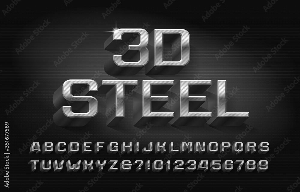 Poster 3d steel alphabet font. metallic letters and numbers with shadow. stock vector typescript for your t