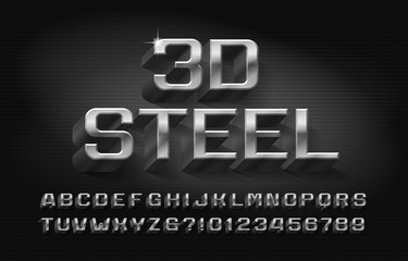 3d Steel alphabet font. Metallic letters and numbers with shadow. Stock vector typescript for your typography design.