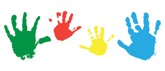 Fototapeta premium Print of child hands, set of colorful palms of hands. Vector illustration.