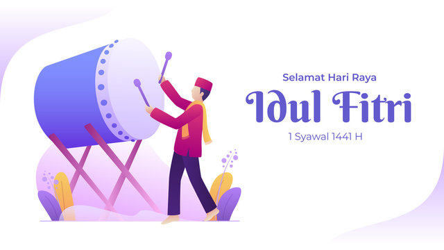 Eid mubarak of happy men playing bedug or drum for celebrating eid al fitr for landscape banner illustration