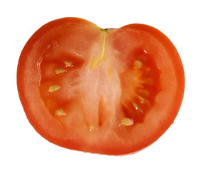 Cut red tomato isolated on white background. Clipping path.