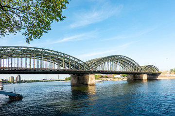 Cologne Koln Köln, Germany, Panoramic View of the Hoenzollern Bridge on Rhein River with Blue Sky