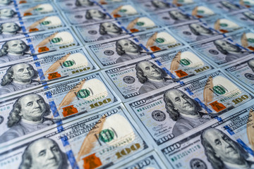 Heap of american money background. Hundred dollar bills. Macro image of US cash money.