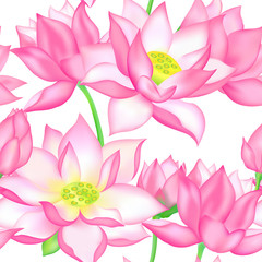 Pink lotus flowers vector seamless pattern illustration. Fresh pink lotuses buds, flowers and leaves.