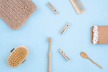 Zero Waste Set For Bathing On Light Blue Background. Top view, flat lay