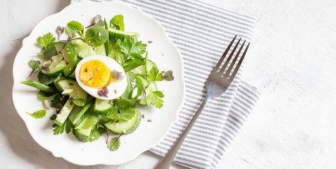 Fresh cucumber salad with micro greens and egg. Trending food. Top view, flat layout, copy space