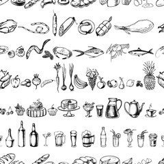  Hand drawn elements for cooking, vegetables, restaurant and vegetarian food. Seamless pattern. Vector illustration.