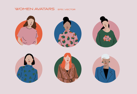 Illustrated icons of diverse women with stylish clothes and colorful backgrounds 