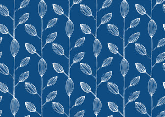 Vector seamless pattern design with hand drawn sketch white leaves illustration and classic blue color