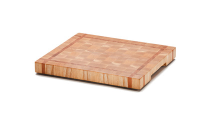 Wooden end grain block cutting board isolated on white background. Full depth of field
