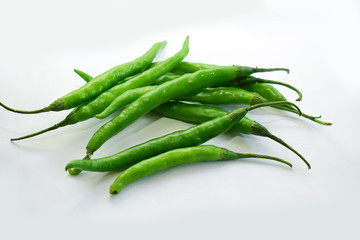 fresh Green chili on white background,Indian spicy chili.