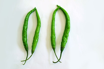 fresh Green chili on white background,Indian spicy chili.