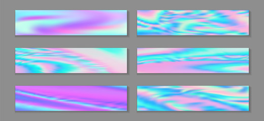 Neon holo trendy banner horizontal fluid gradient princess backgrounds vector set. Romantic 