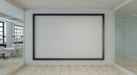 Large white empty wall with canvas in empty meeting room. 3d rendering