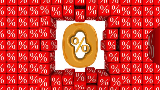 Zero percentage bank loan. A golden zero percent symbol breaks a wall of red cubes with percentage symbols. Footage video