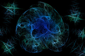 Abstract space blue neon illustration with comets.  Fractal pattern for creativity and design. Use monitor desktop