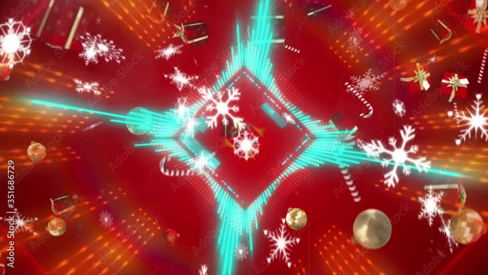 Wall mural animation of lozenges in tunnel with glowing rays and christmas symbols falling