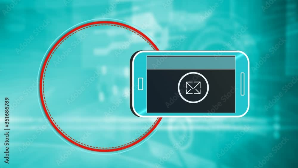 Wall mural animation of a smartphone showing network icons with a red circle on blue background