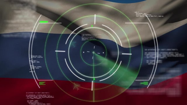 Animation of a computer screen displaying information over Russian and USA flags on background